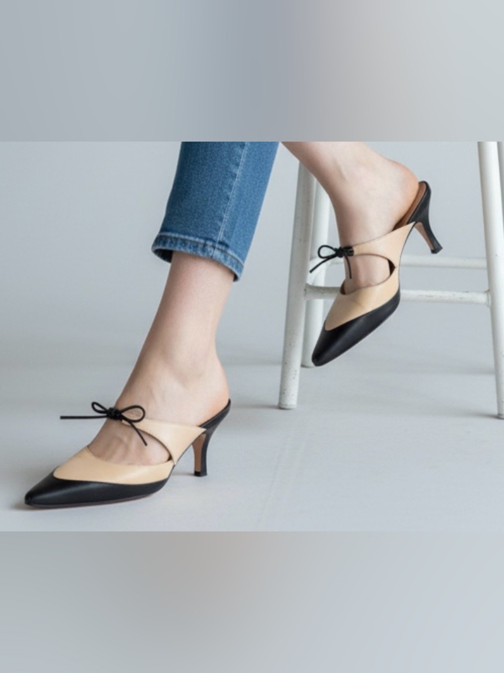 Anne Klein Beige and Black Pointed Leather Slip-On Mules